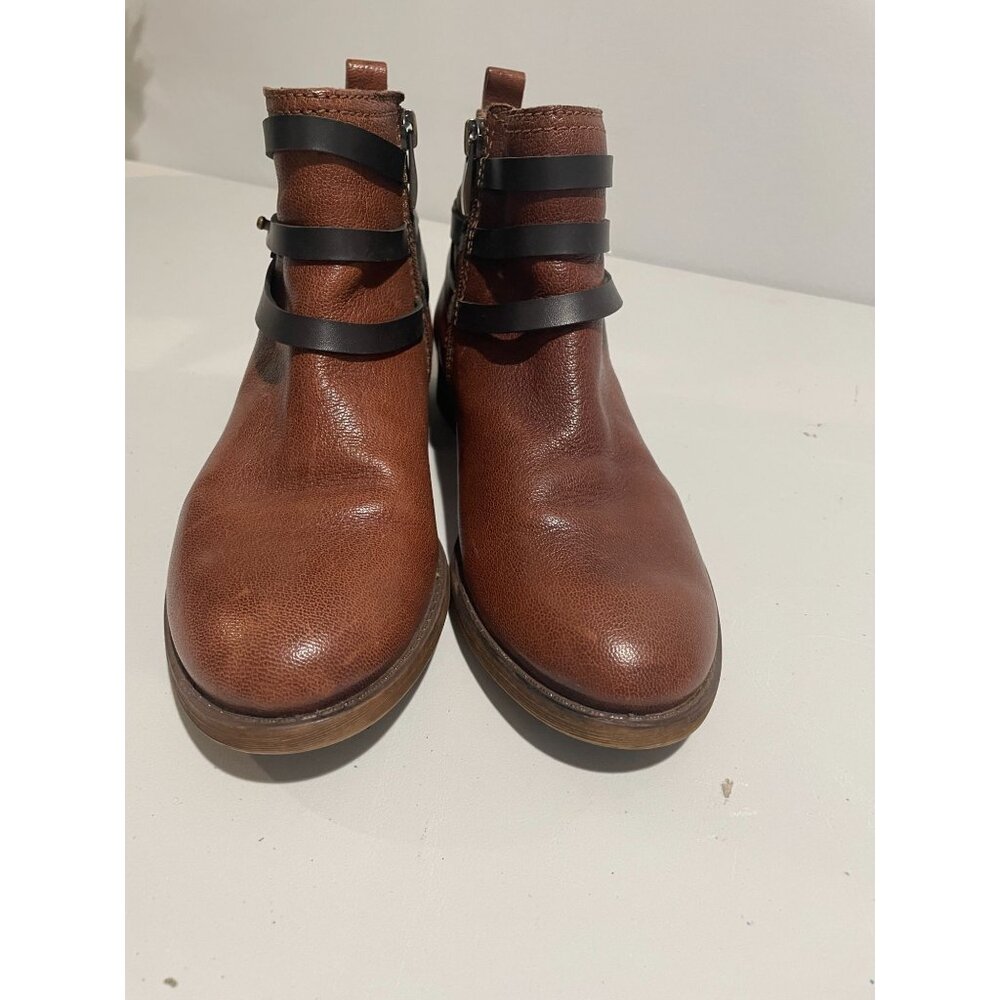Franco Sarto Womens Brown Ankle Boots With Black Strap & Gold Zipper Size 6M